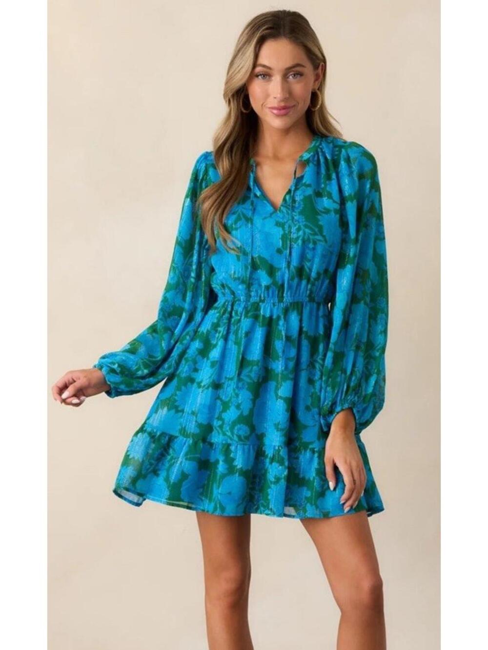 Sugar Lips Long Sleeve Teal & Green Chiffon Mini Dress. Ruffle. Bright. Large.